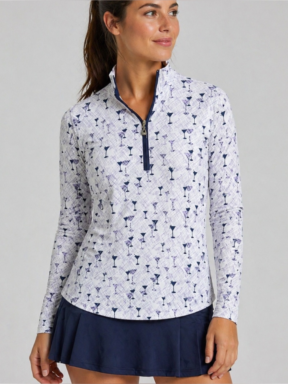 SanSoleil SolCool Long-Sleeve 1/4-Zip Mock Shirt Crystal Puller Martini Glasses
